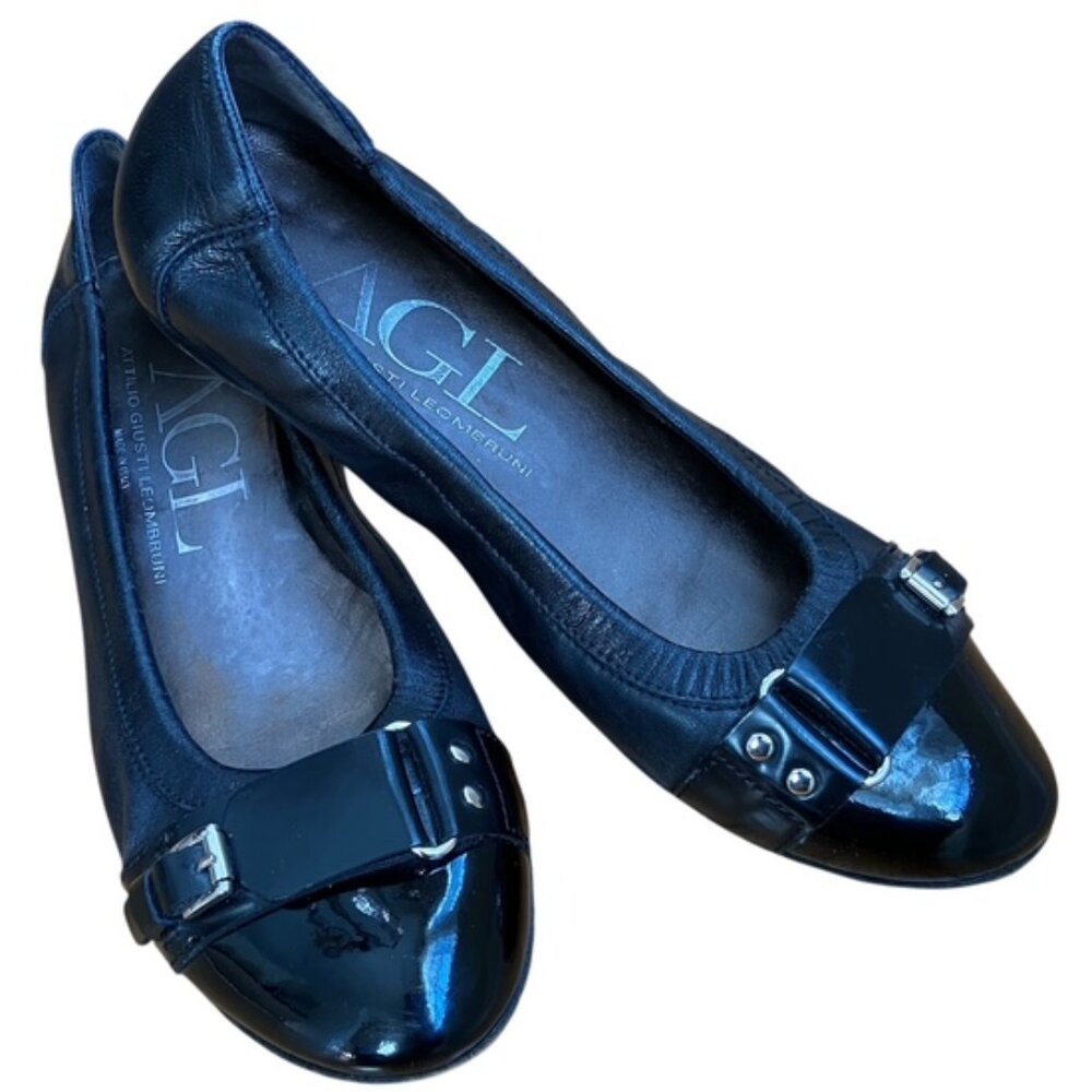 AGL Black leather patent cap toe ballet flats size 38